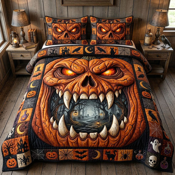 Haunted Halloween quilted 3-piece bedding set on a made bed against a dark styled interior
