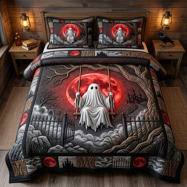 Haunted Halloween quilted 3-piece bedding set on a made bed against a dark styled interior