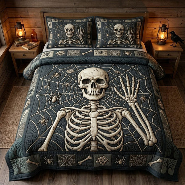 Haunted Halloween quilted 3-piece bedding set on a made bed against a dark styled interior