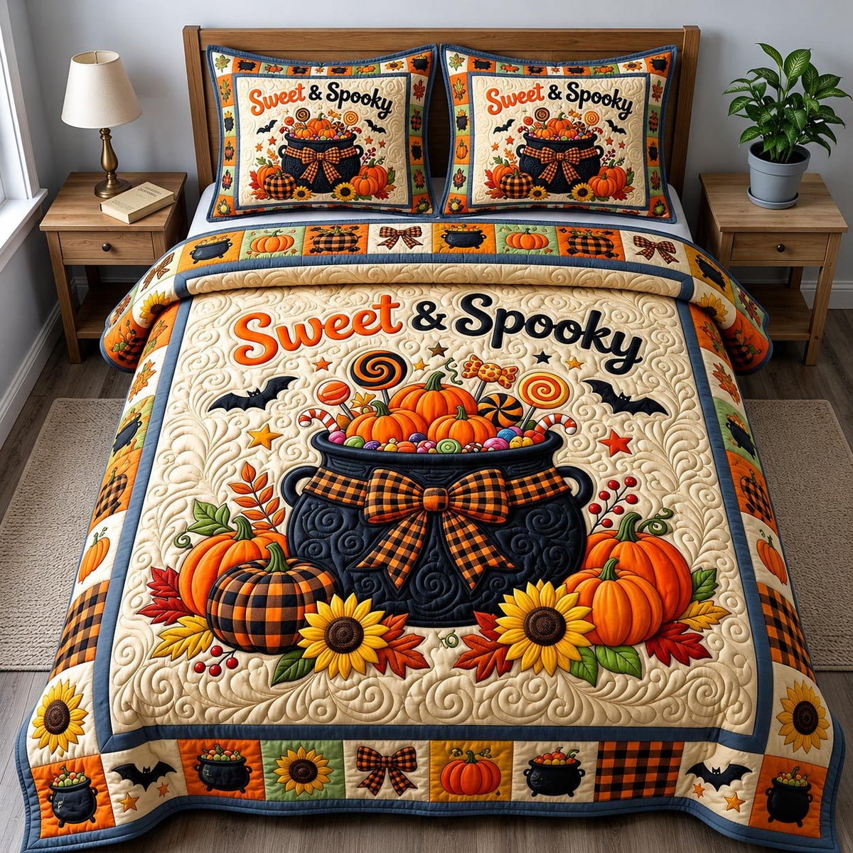 Haunted Halloween quilted 3-piece bedding set on a made bed against a dark styled interior