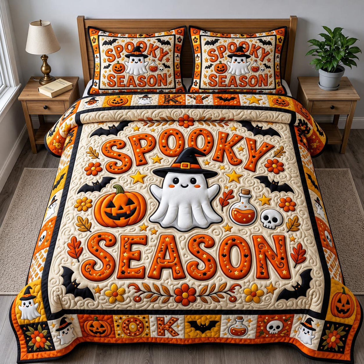 Haunted Halloween quilted 3-piece bedding set on a made bed against a dark styled interior