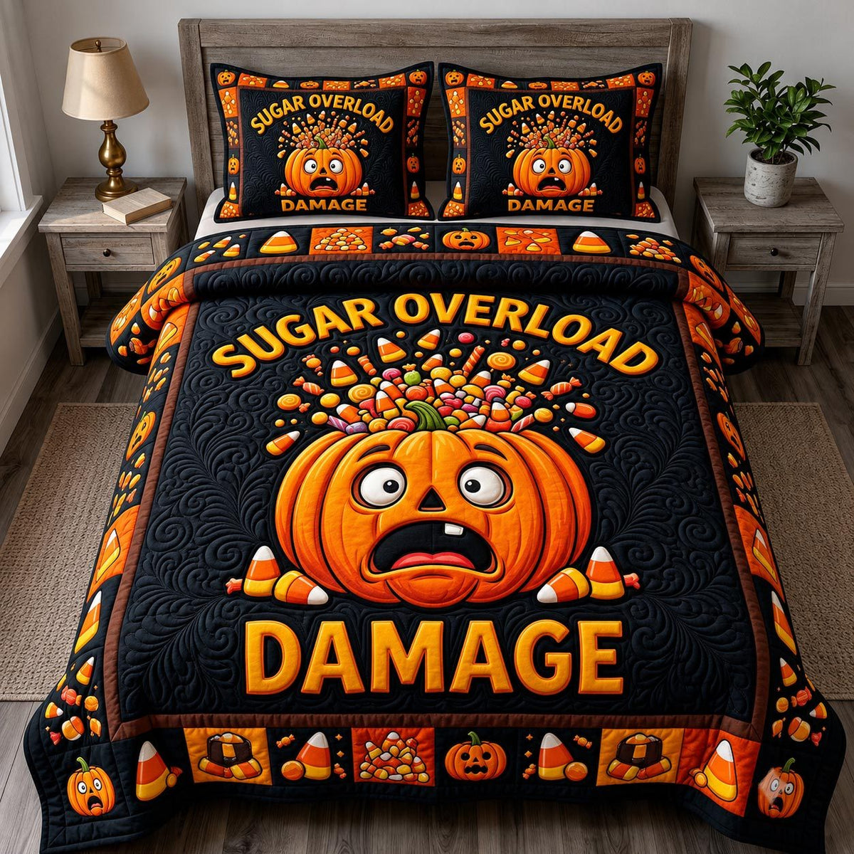 Haunted Halloween quilted 3-piece bedding set on a made bed against a dark styled interior
