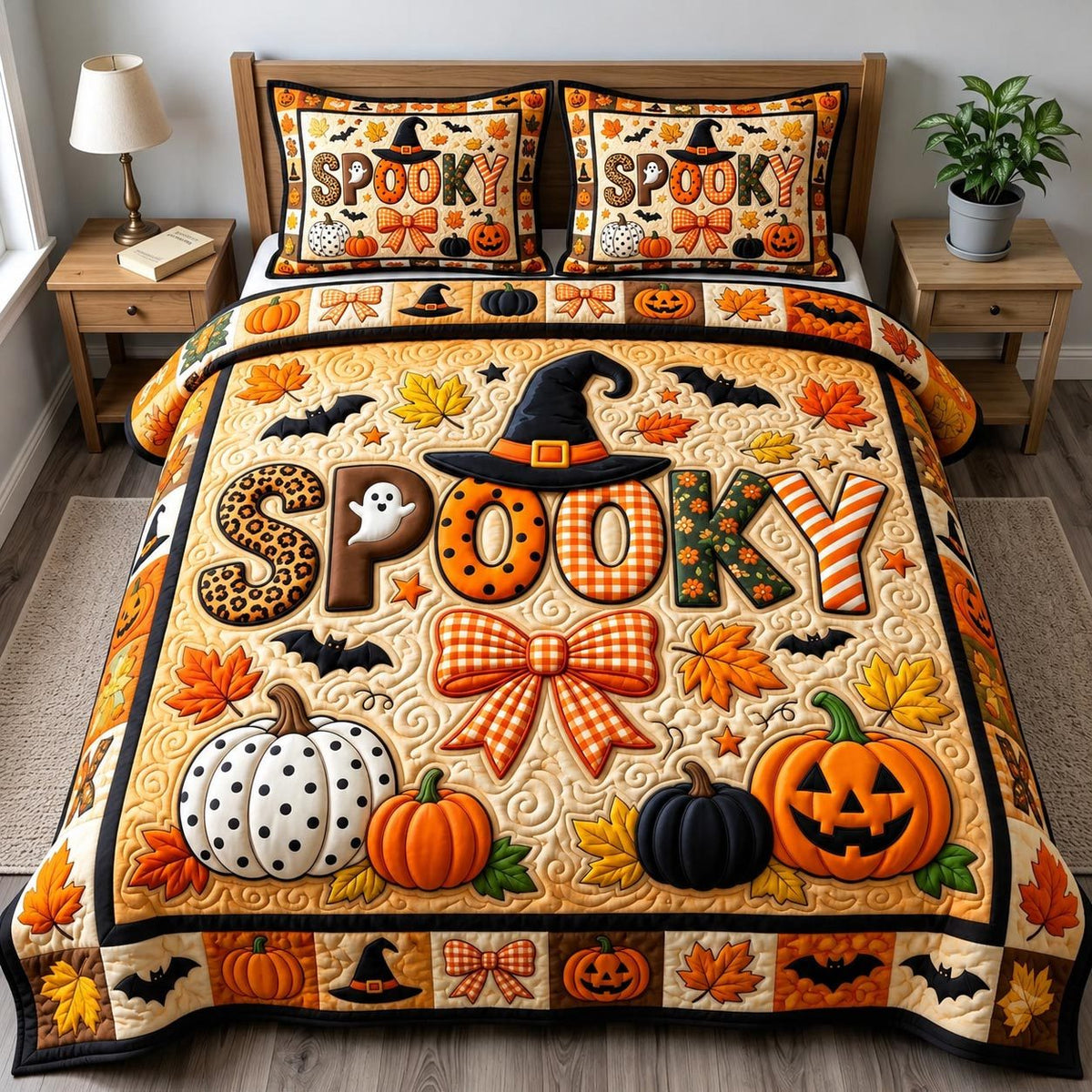 Haunted Halloween quilted 3-piece bedding set on a made bed against a dark styled interior
