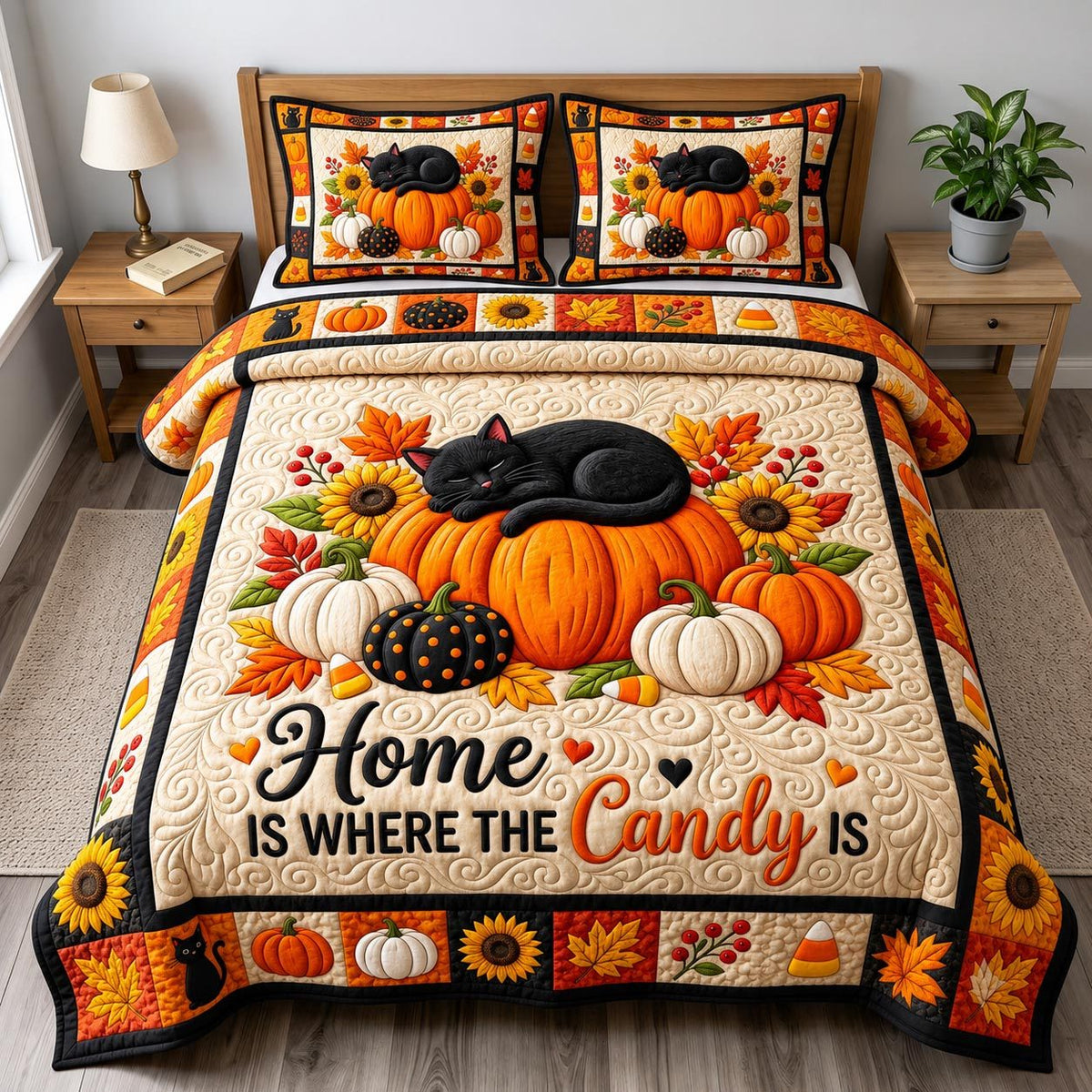 Haunted Halloween quilted 3-piece bedding set on a made bed against a dark styled interior