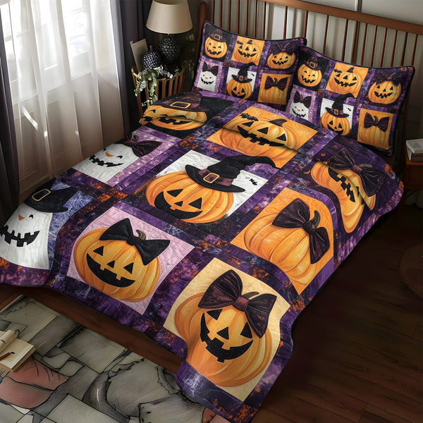 Haunted Halloween quilted 3-piece bedding set on a made bed against a dark styled interior