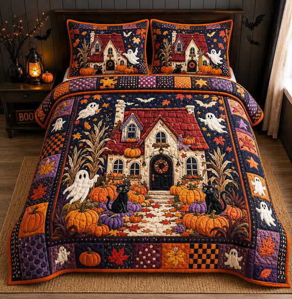 Haunted Harvest Cottage quilted 3-piece bedding set on a made bed against a dark styled interior