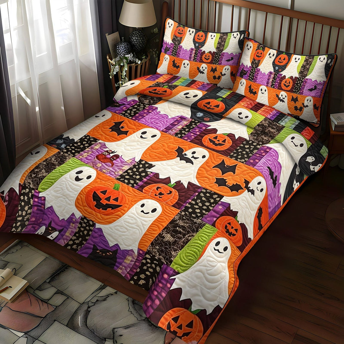 Haunted Harvest Dreams quilted 3-piece bedding set on a made bed against a dark styled interior