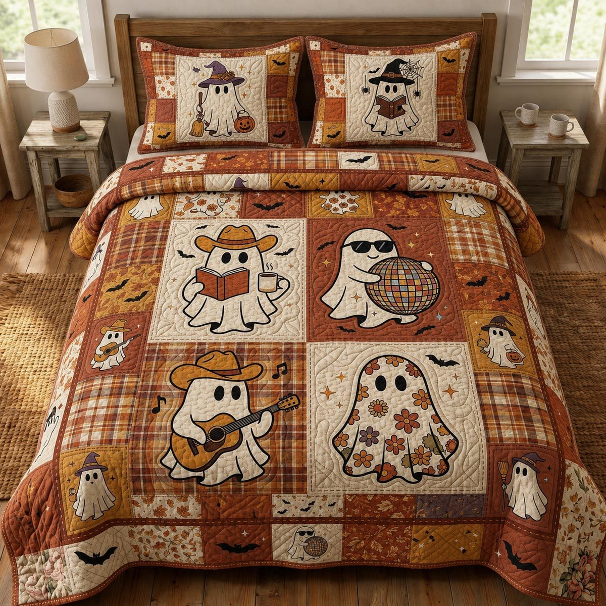 Haunted Harvest quilted 3-piece bedding set on a made bed against a dark styled interior