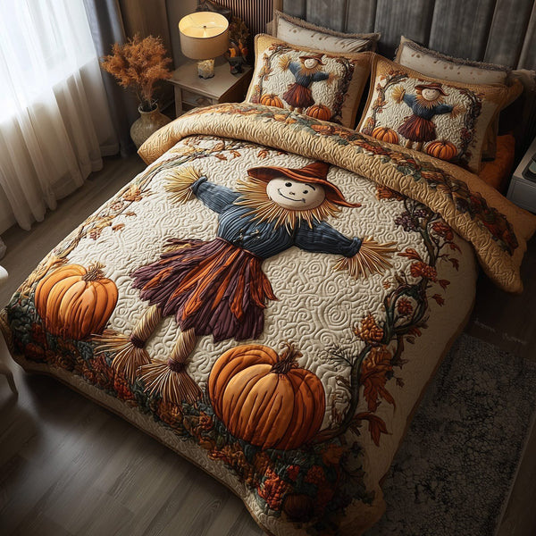 Haunted Harvest quilted 3-piece bedding set on a made bed against a dark styled interior