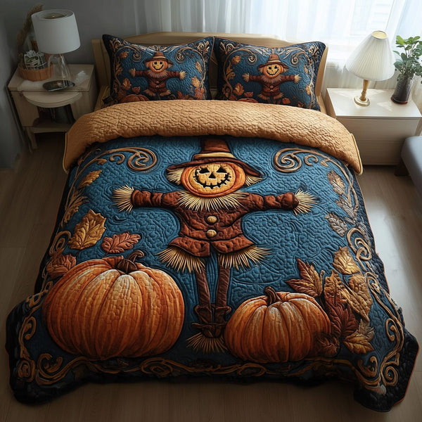 Haunted Harvest quilted 3-piece bedding set on a made bed against a dark styled interior