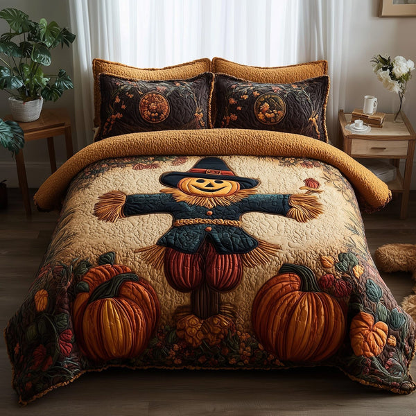 Haunted Harvest quilted 3-piece bedding set on a made bed against a dark styled interior