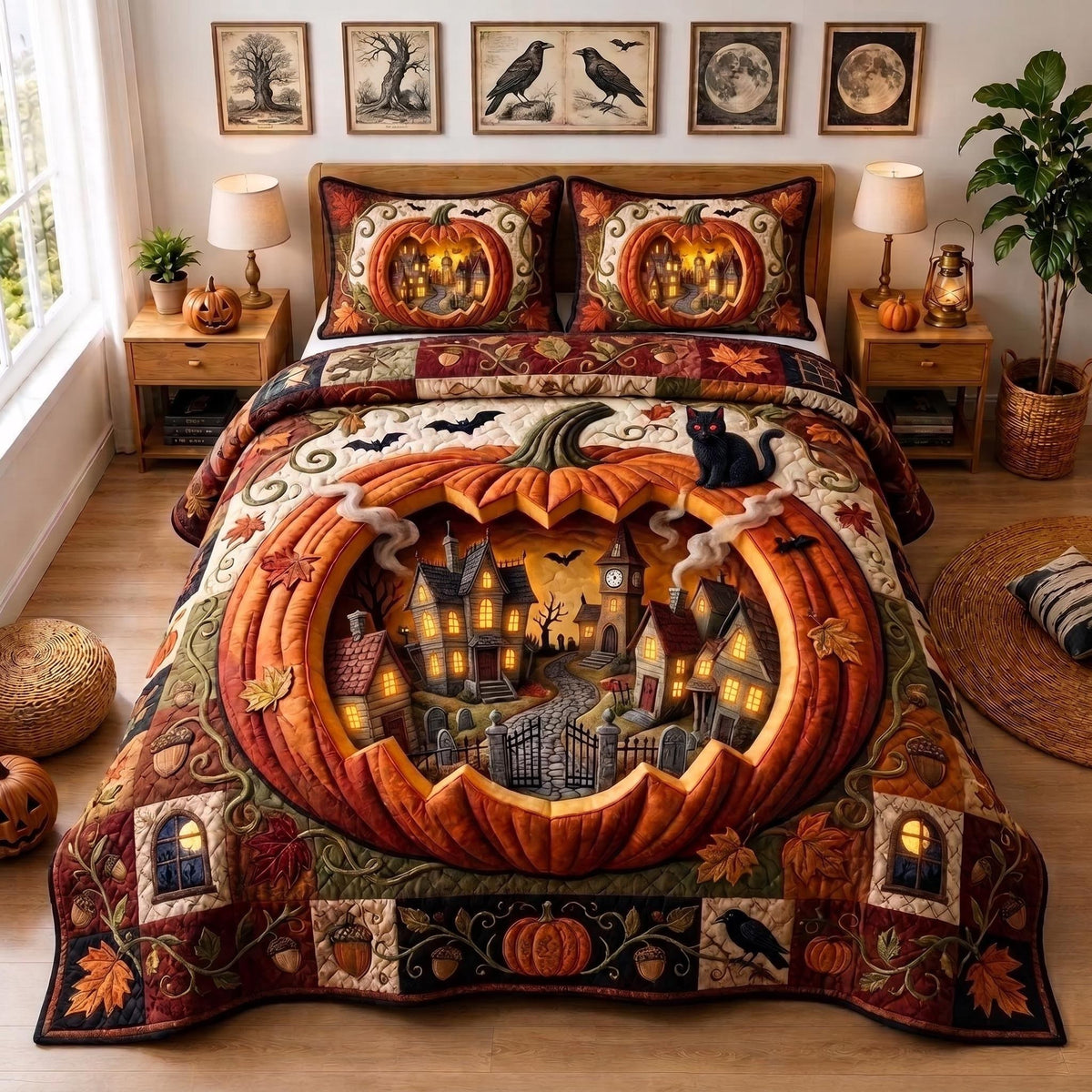 Haunted Hollow quilted 3-piece bedding set on a made bed against a dark styled interior