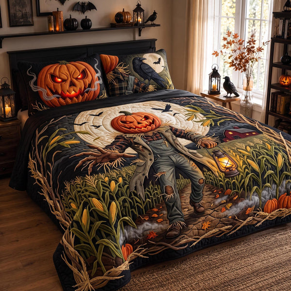 Haunted Hollow quilted 3-piece bedding set on a made bed against a dark styled interior