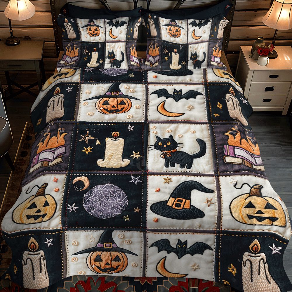 Haunted House Halloween quilted 3-piece bedding set on a made bed against a dark styled interior