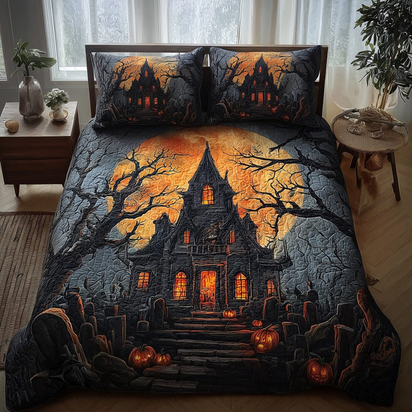 Haunted House quilted 3-piece bedding set on a made bed against a dark styled interior