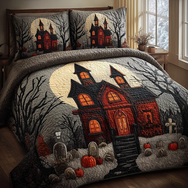 Haunted House quilted 3-piece bedding set on a made bed against a dark styled interior