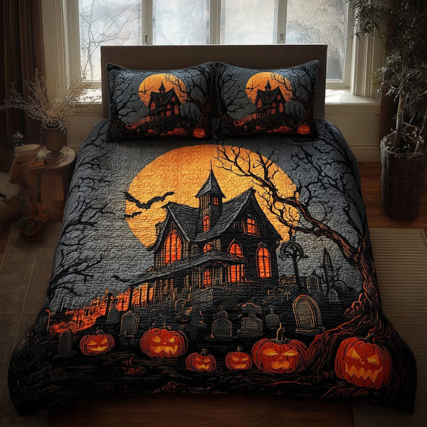 Haunted House quilted 3-piece bedding set on a made bed against a dark styled interior