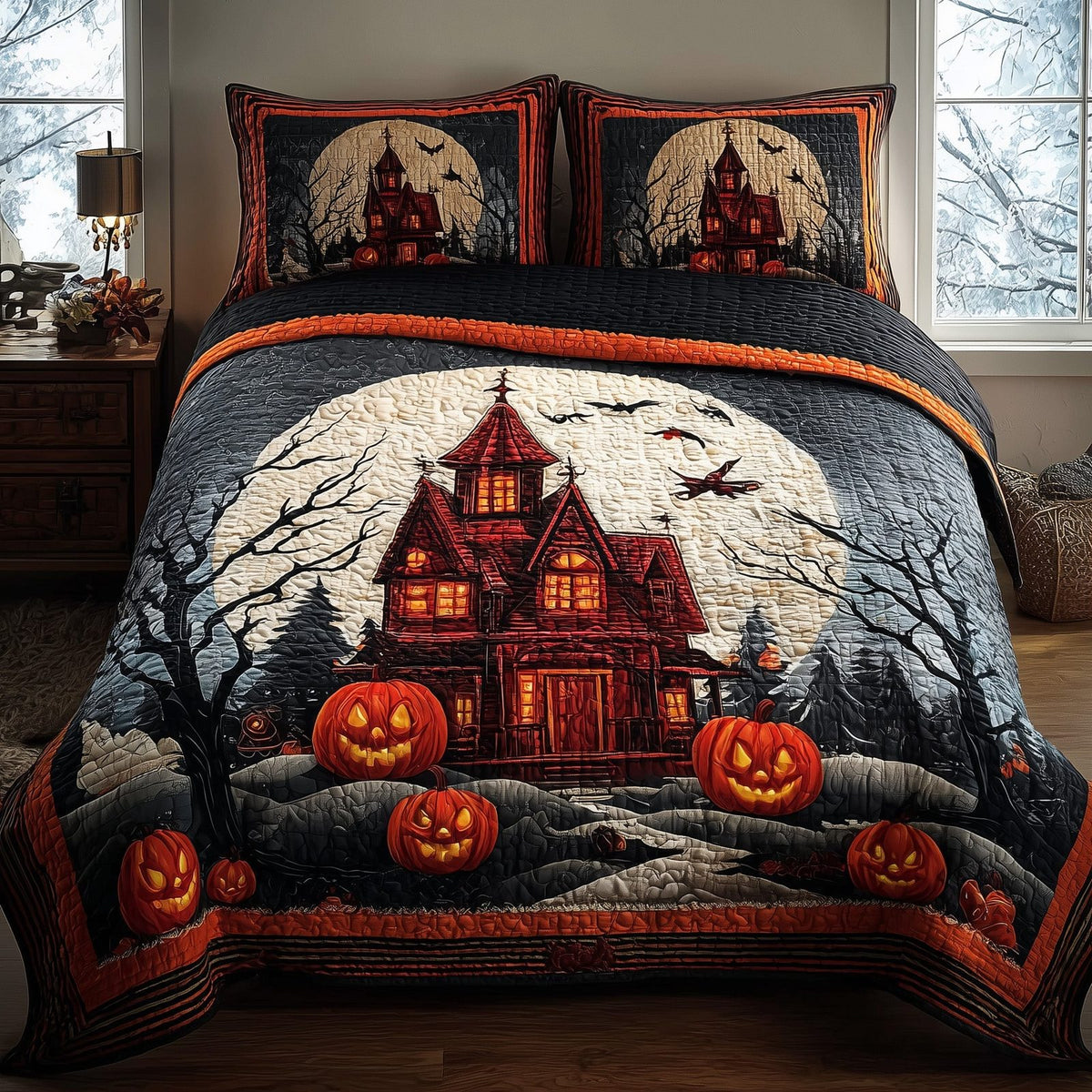 Haunted House quilted 3-piece bedding set on a made bed against a dark styled interior