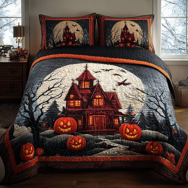 Haunted House quilted 3-piece bedding set on a made bed against a dark styled interior