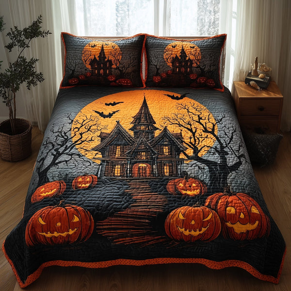 Haunted House quilted 3-piece bedding set on a made bed against a dark styled interior