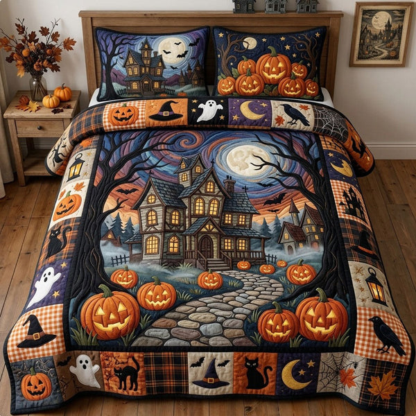 Haunted House quilted 3-piece bedding set on a made bed against a dark styled interior