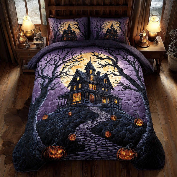 Haunted House quilted 3-piece bedding set on a made bed against a dark styled interior