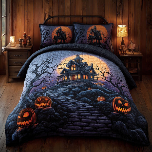 Haunted House quilted 3-piece bedding set on a made bed against a dark styled interior
