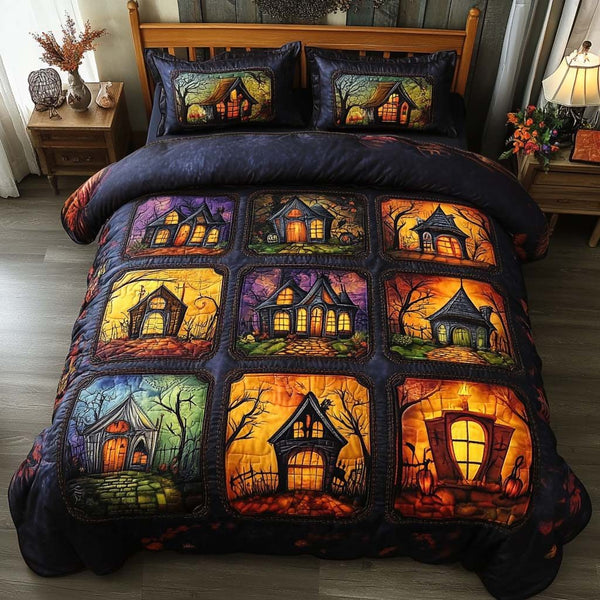 Haunted Houses quilted 3-piece bedding set on a made bed against a dark styled interior