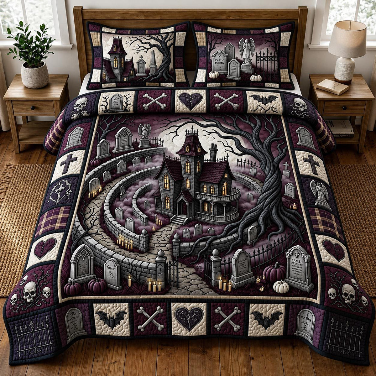 Haunted Manor quilted 3-piece bedding set on a made bed against a dark styled interior