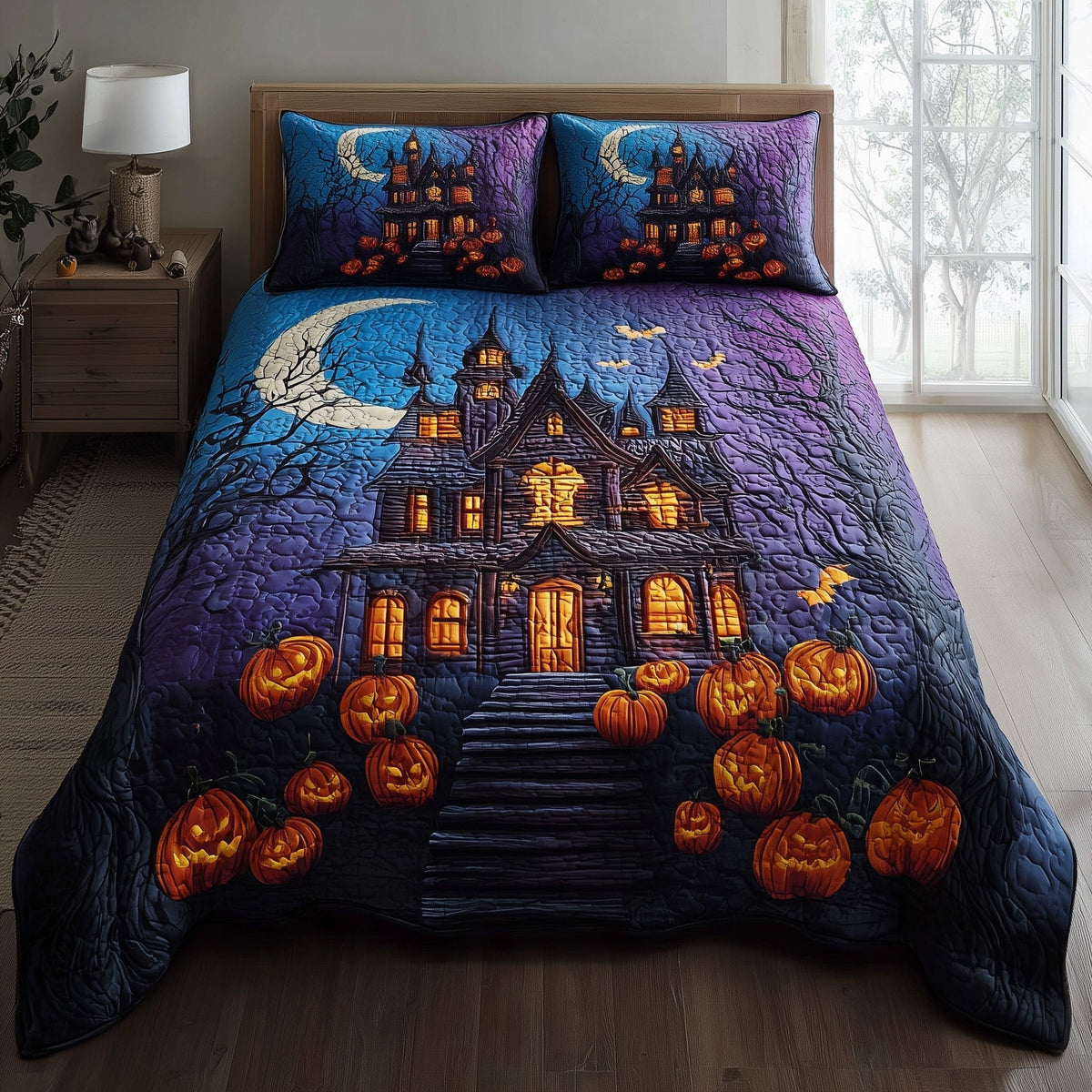 Haunted Manor quilted 3-piece bedding set on a made bed against a dark styled interior
