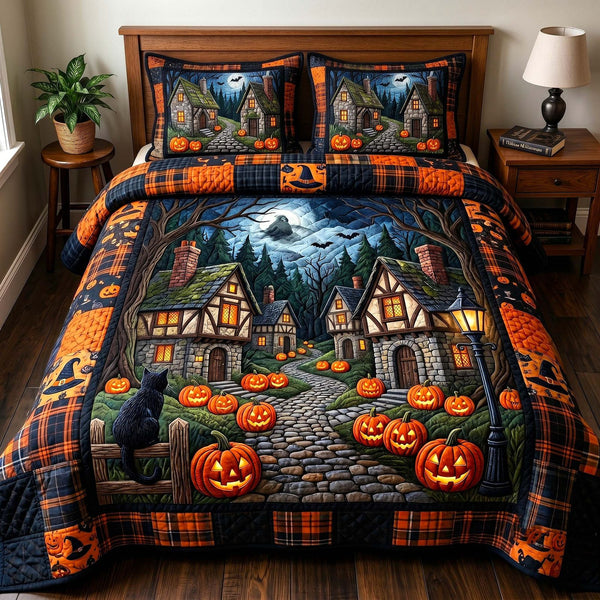 Haunted Manor quilted 3-piece bedding set on a made bed against a dark styled interior