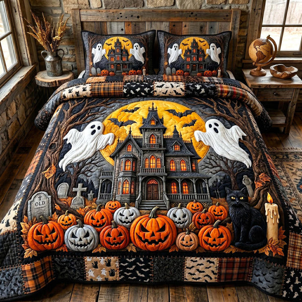 Haunted Manor quilted 3-piece bedding set on a made bed against a dark styled interior