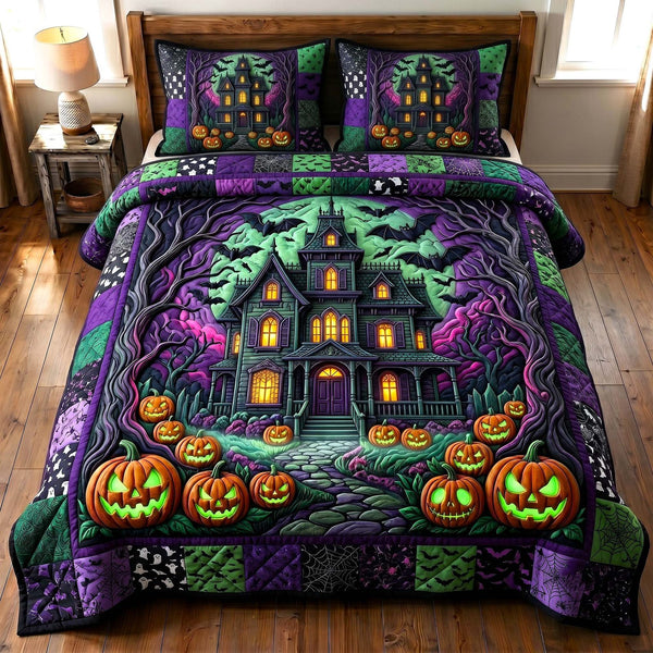 Haunted Manor quilted 3-piece bedding set on a made bed against a dark styled interior