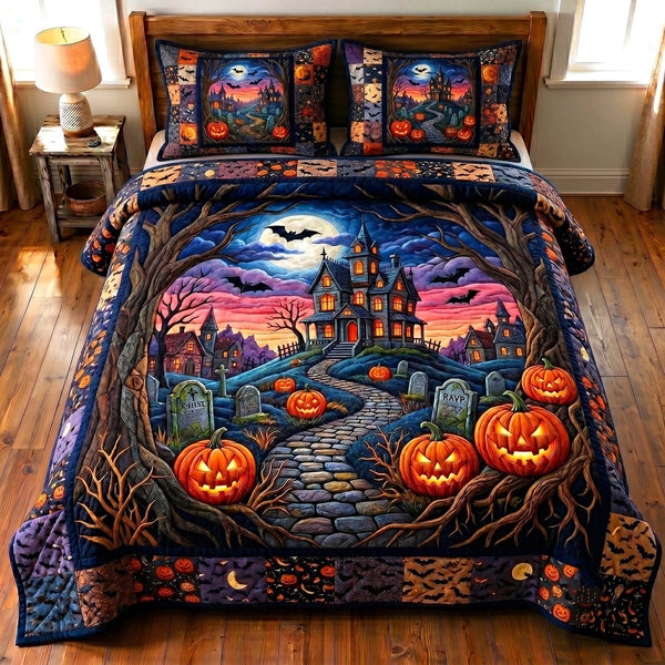 Haunted Manor quilted 3-piece bedding set on a made bed against a dark styled interior
