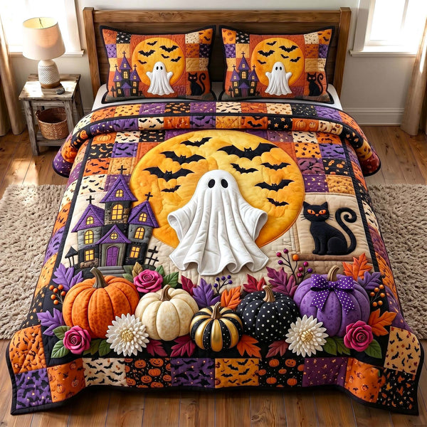 Haunted Manor quilted 3-piece bedding set on a made bed against a dark styled interior