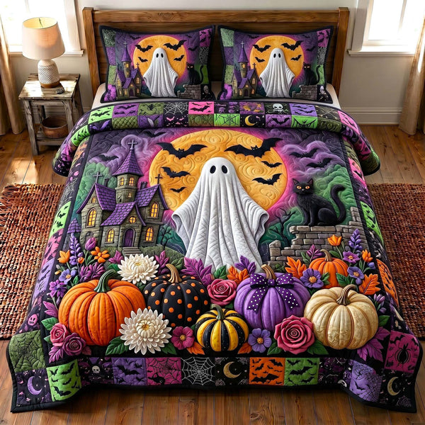 Haunted Manor quilted 3-piece bedding set on a made bed against a dark styled interior
