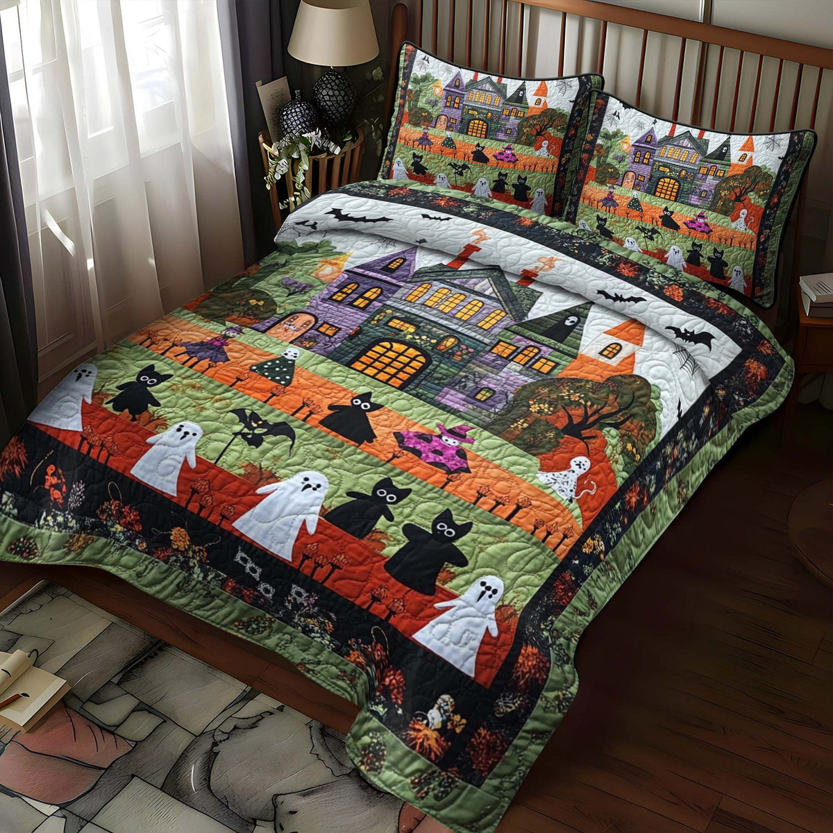 Haunted Mansion quilted 3-piece bedding set on a made bed against a dark styled interior