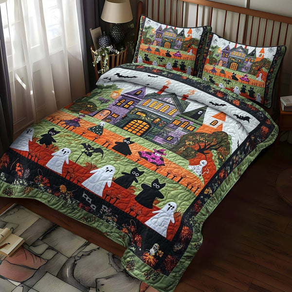 Haunted Mansion quilted 3-piece bedding set on a made bed against a dark styled interior