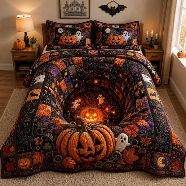 Haunted Moon quilted 3-piece bedding set on a made bed against a dark styled interior