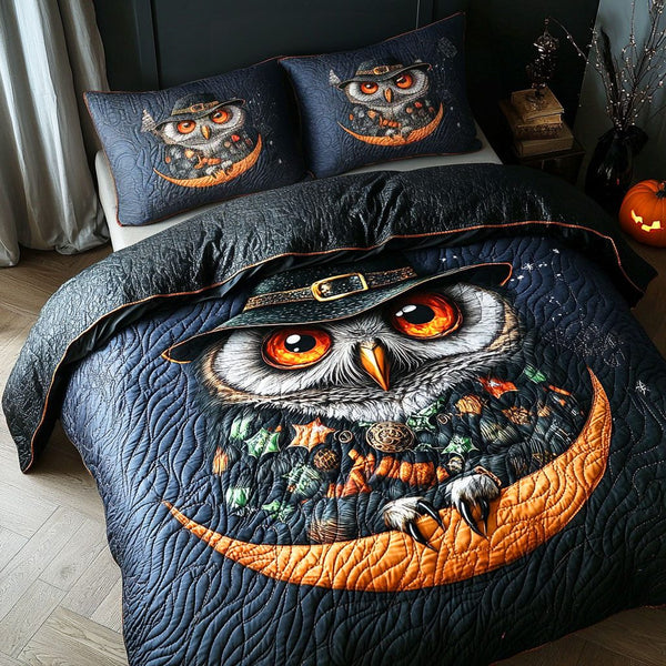 Haunted Moon quilted 3-piece bedding set on a made bed against a dark styled interior