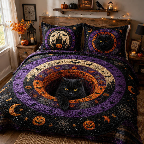 Haunted Moonlight quilted 3-piece bedding set on a made bed against a dark styled interior