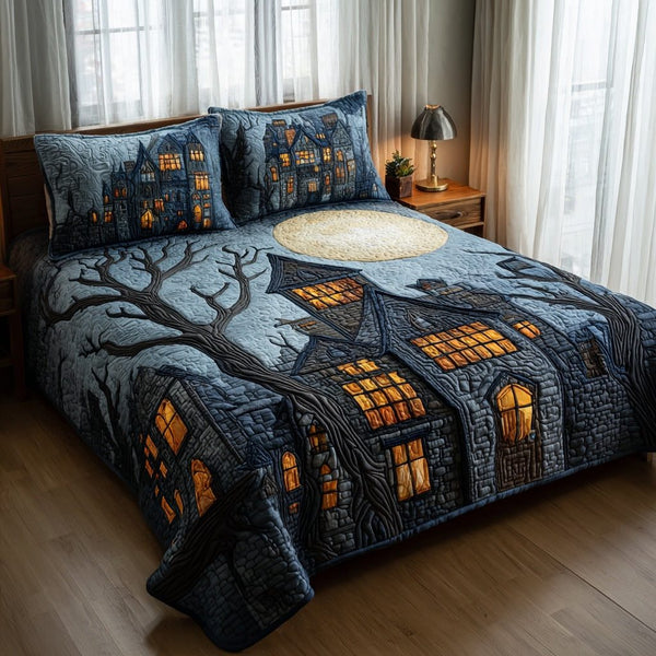Haunted Moonlit Mansion quilted 3-piece bedding set on a made bed against a dark styled interior