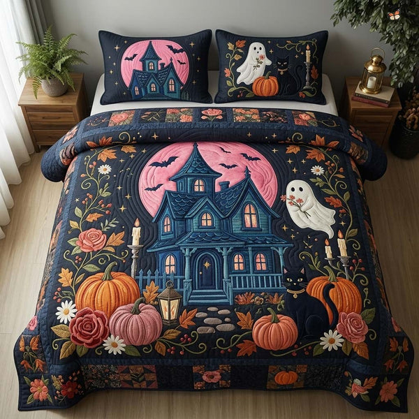 Haunted Pink Moon quilted 3-piece bedding set on a made bed against a dark styled interior