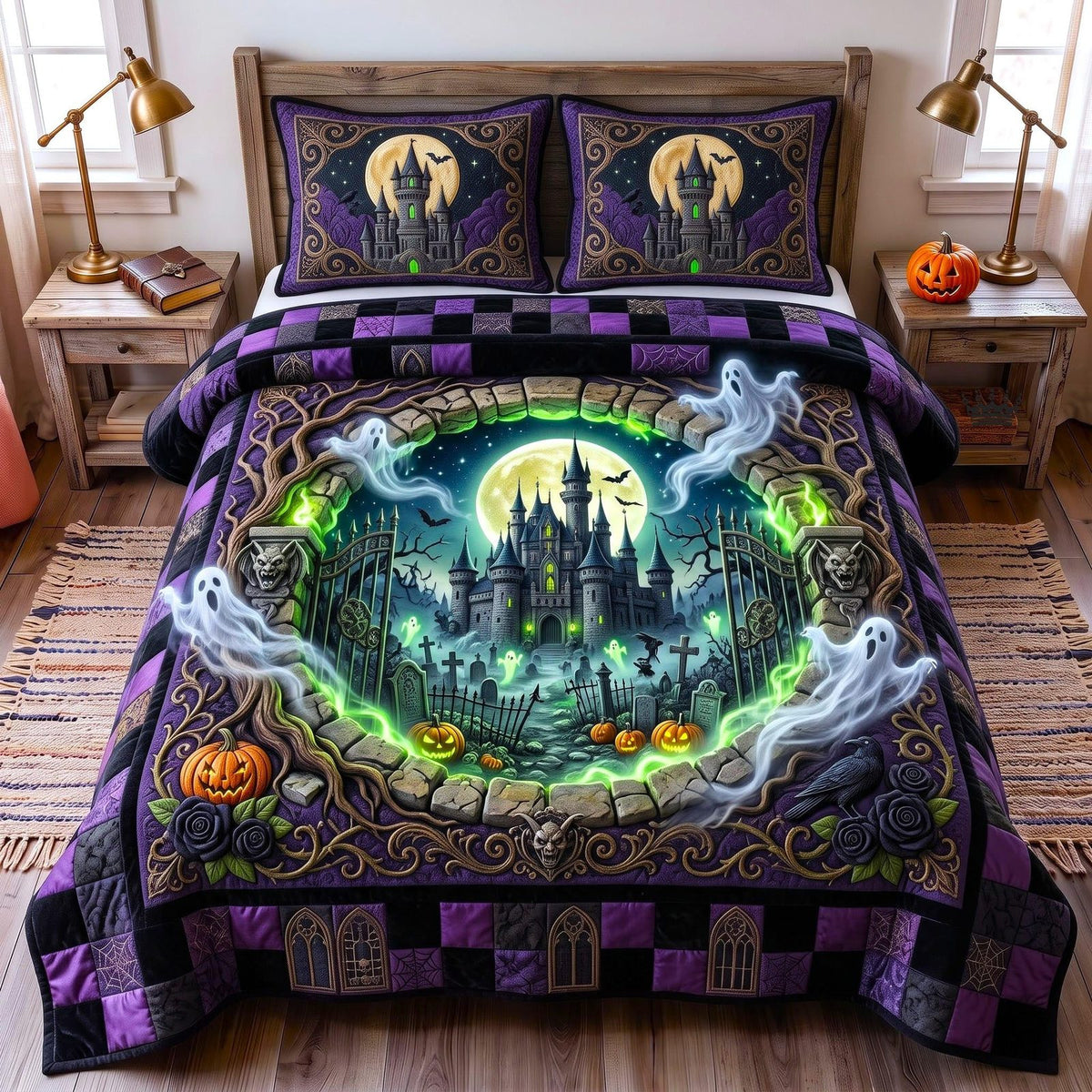 Haunted Portal quilted 3-piece bedding set on a made bed against a dark styled interior