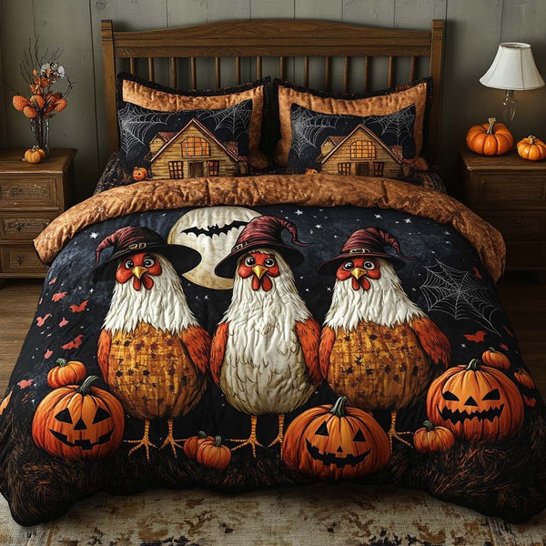 Haunted Pumpkin Night quilted 3-piece bedding set on a made bed against a dark styled interior