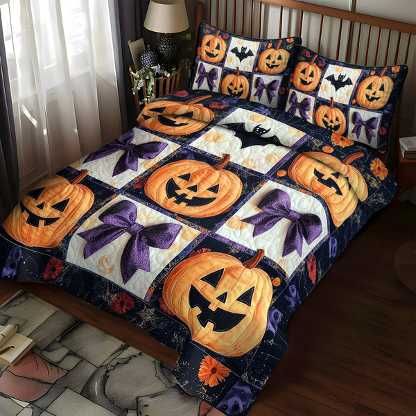 Haunted Pumpkins quilted 3-piece bedding set on a made bed against a dark styled interior