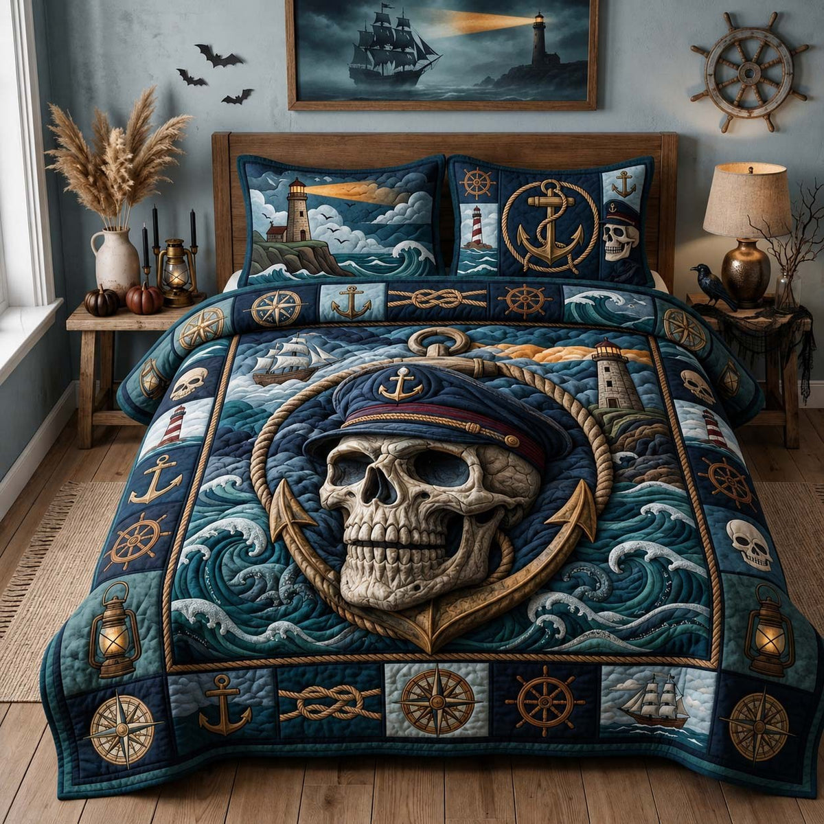 Haunted Sailor Skull quilted 3-piece bedding set on a made bed against a dark styled interior