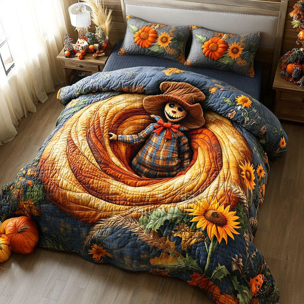 Haunted Scarecrow quilted 3-piece bedding set on a made bed against a dark styled interior