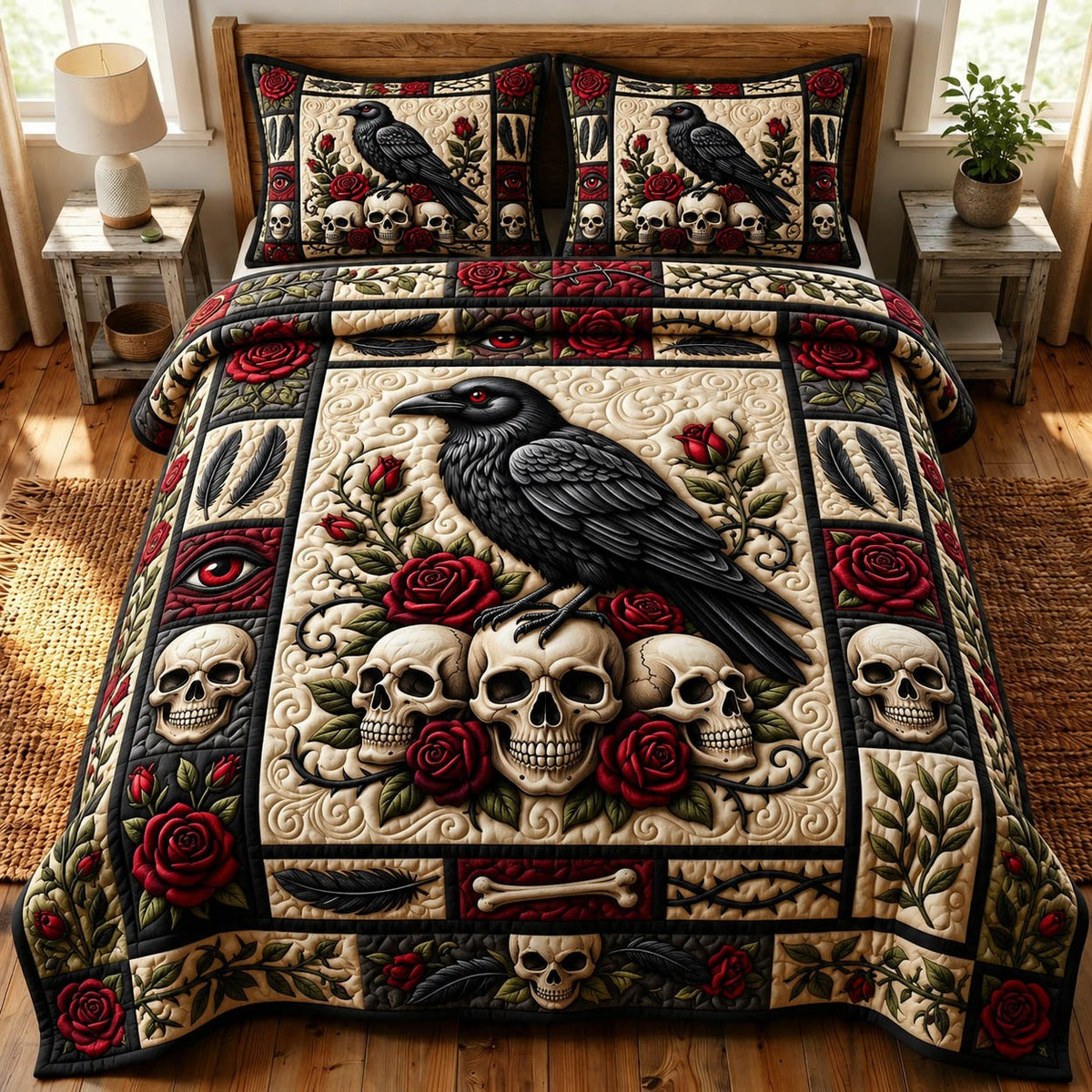 Haunted Skeleton quilted 3-piece bedding set on a made bed against a dark styled interior