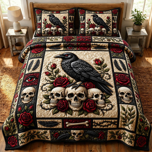 Haunted Skeleton quilted 3-piece bedding set on a made bed against a dark styled interior
